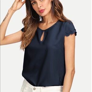 Brand New Navy Scalloped Cap Sleeve Top